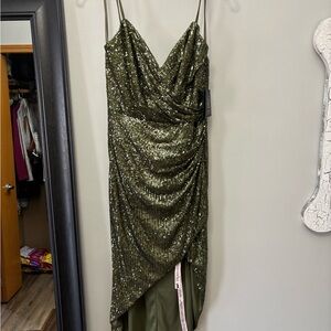 Mac Duggal Olive Green Sequin High Low Dress